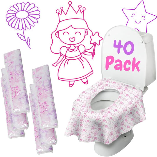 Princess Disposable Toilet Seat Cover for Kids, 40 Pack, Extra Large, Waterproof and Individually Wrapped, Travel Toilet Seat Covers, Disposable Potty Liners for Toddlers Potty Training and Travel